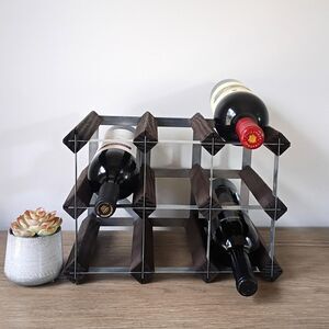 9 Bottle Wood and Metal Countertop Wine Storage Rack Wooden Cube Wine Holder